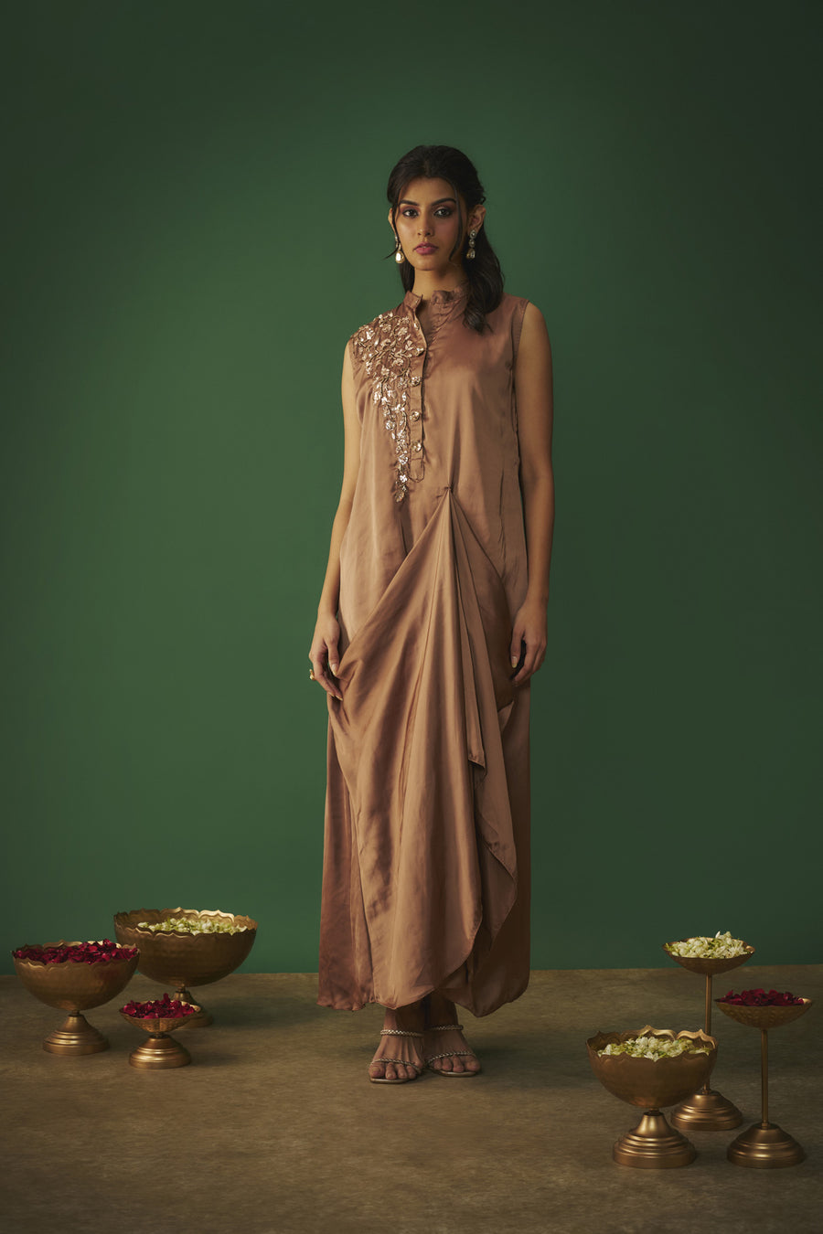 Coffee Brown Mukaish Embroidered Draped Gown