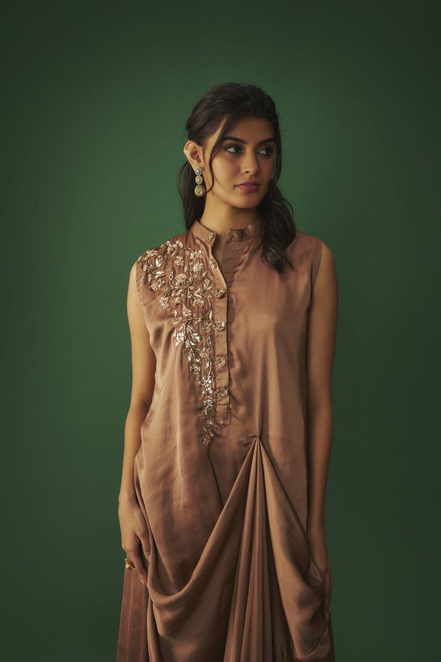 Coffee Brown Mukaish Embroidered Draped Gown