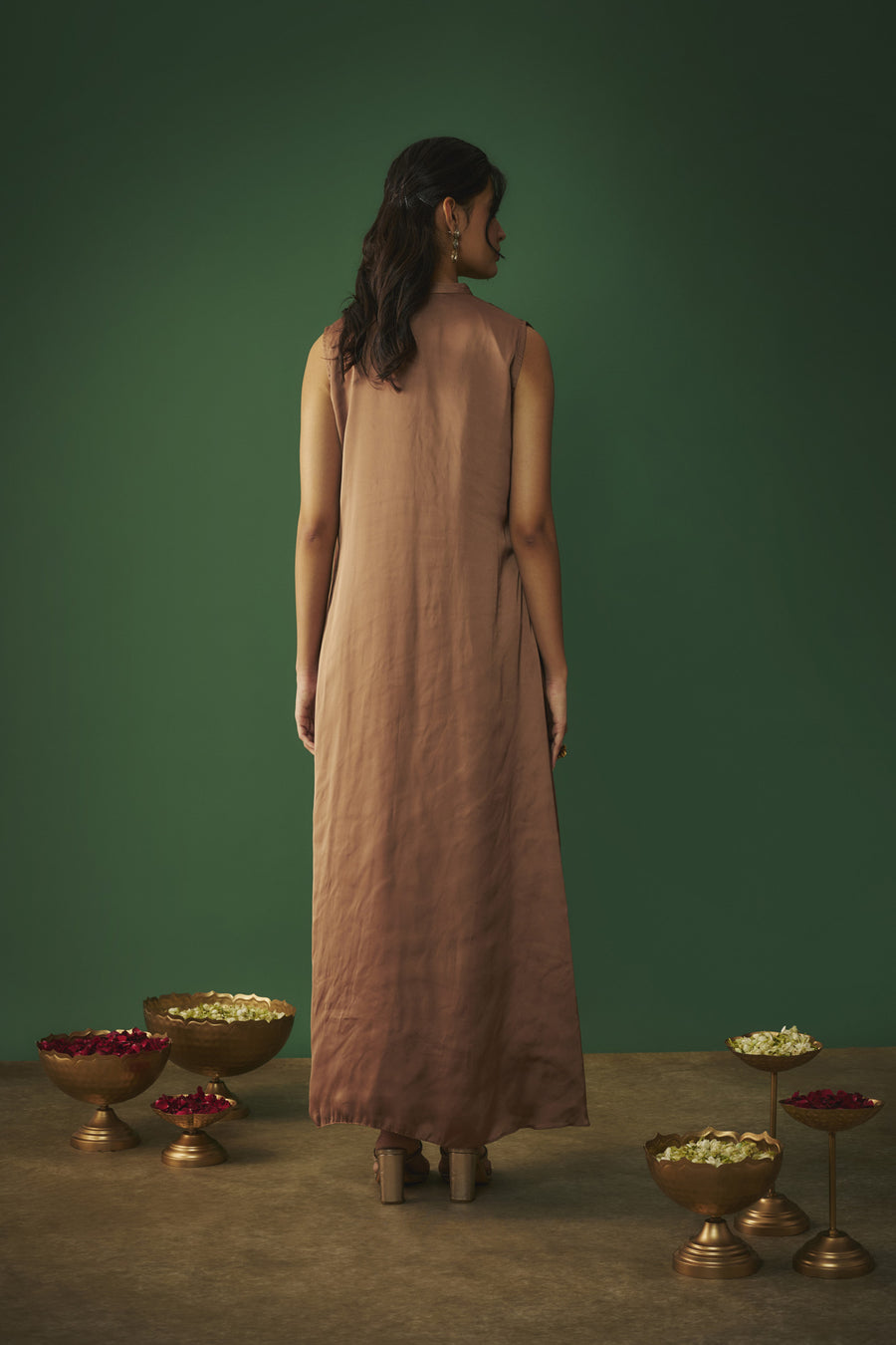 Coffee Brown Mukaish Embroidered Draped Gown