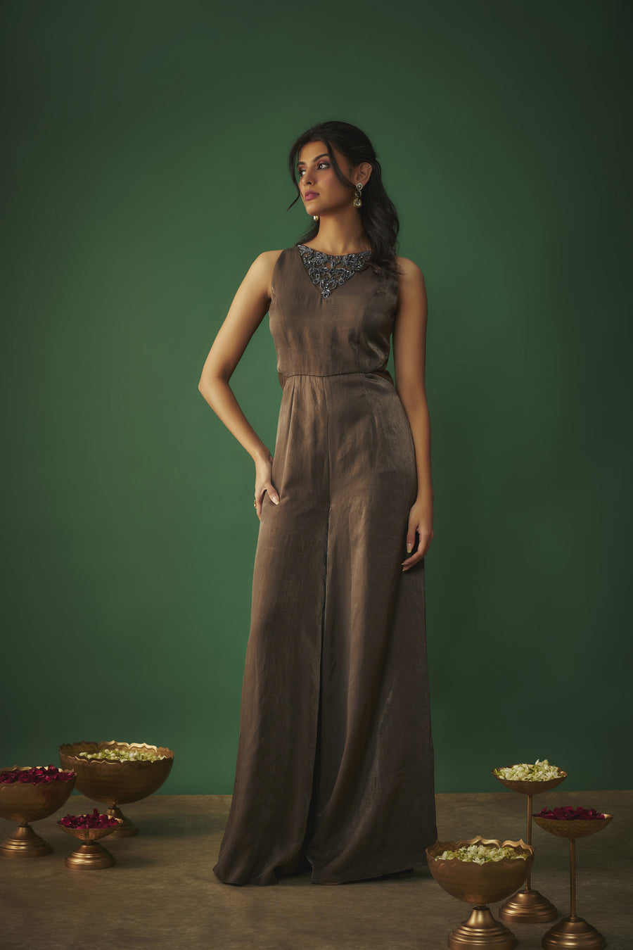 Grey Flared Jumpsuit With Embroidered Neck