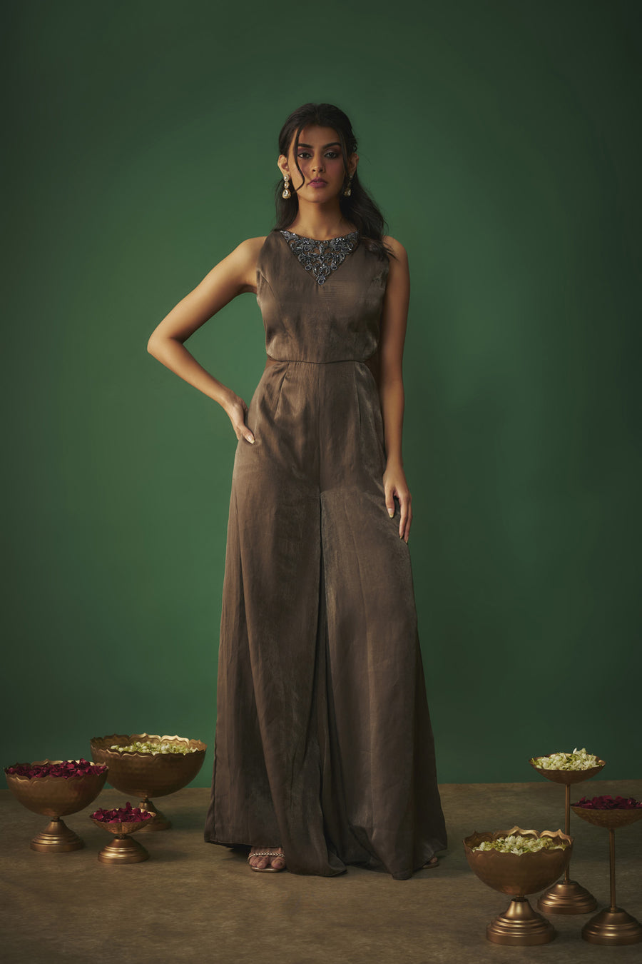 Grey Flared Jumpsuit With Embroidered Neck