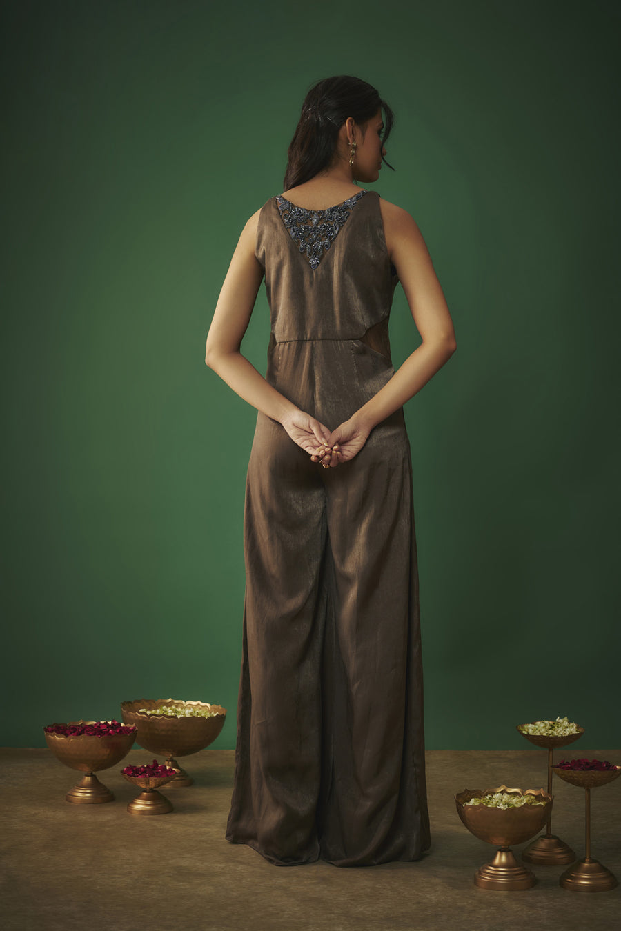 Grey Flared Jumpsuit With Embroidered Neck