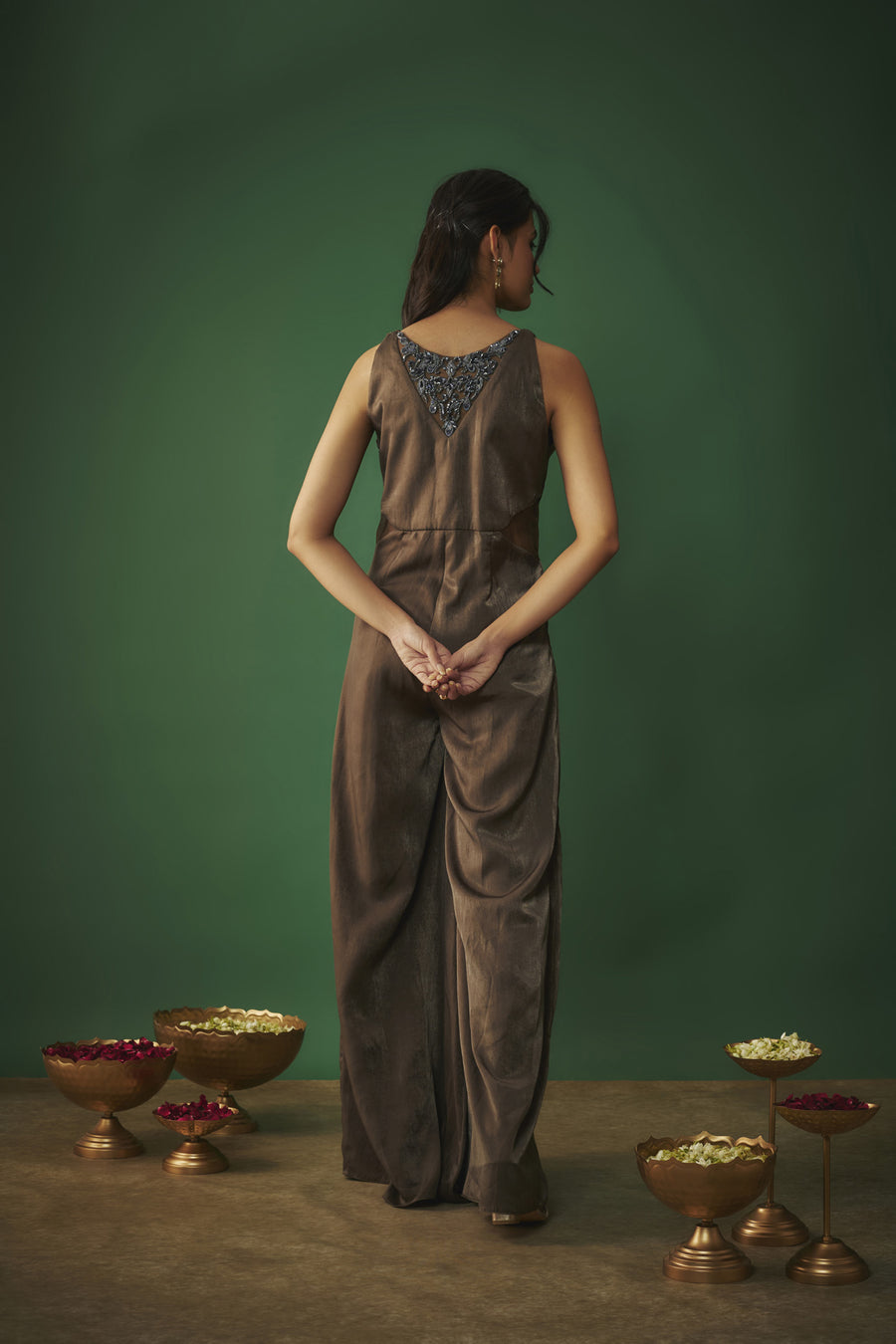 Grey Flared Jumpsuit With Embroidered Neck