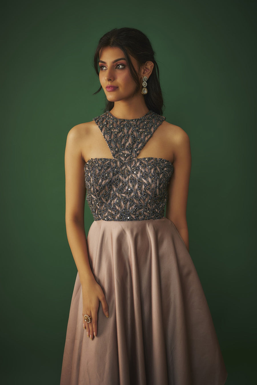 Coffee embroidered cocktail gown