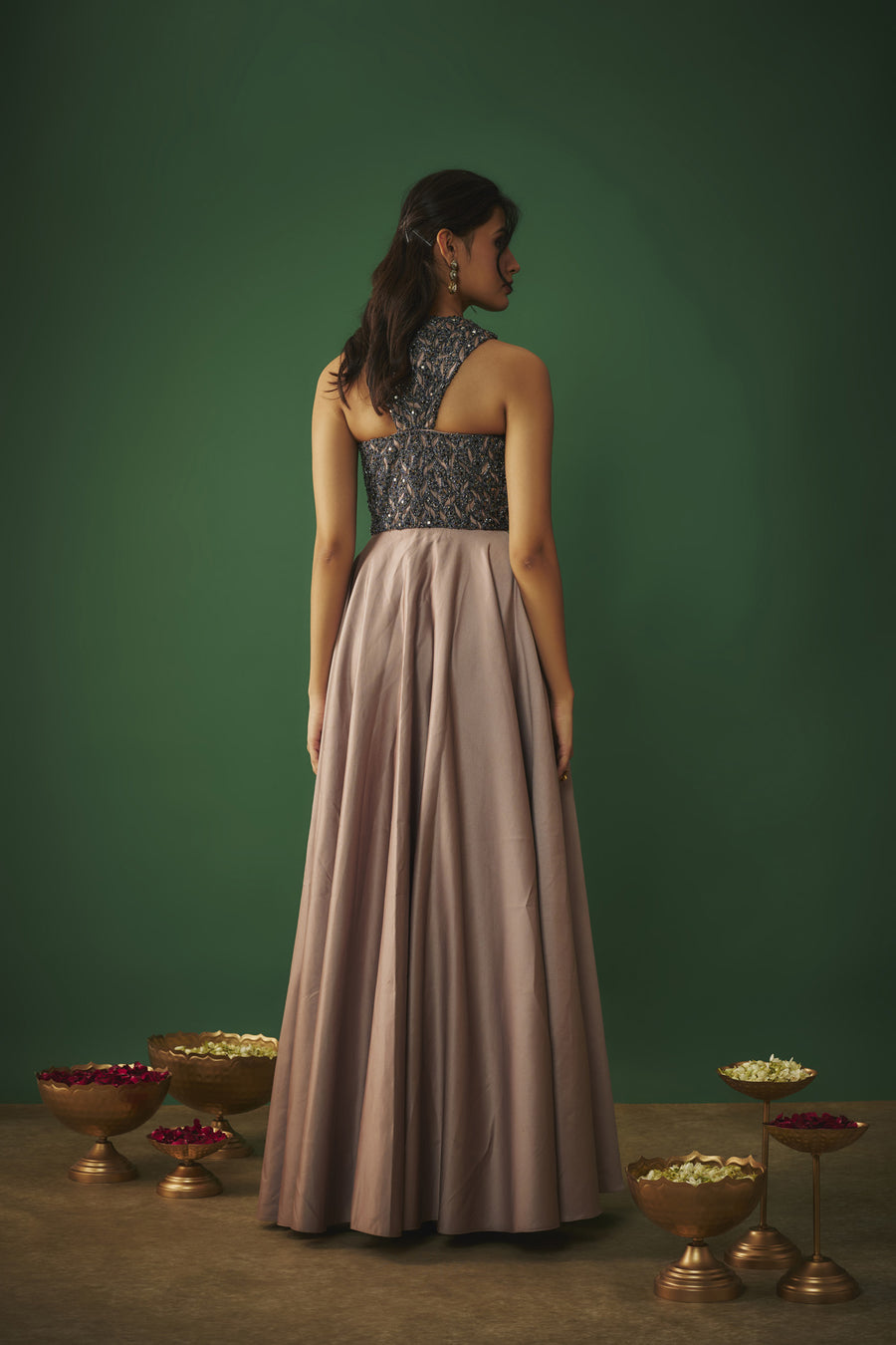 Coffee embroidered cocktail gown