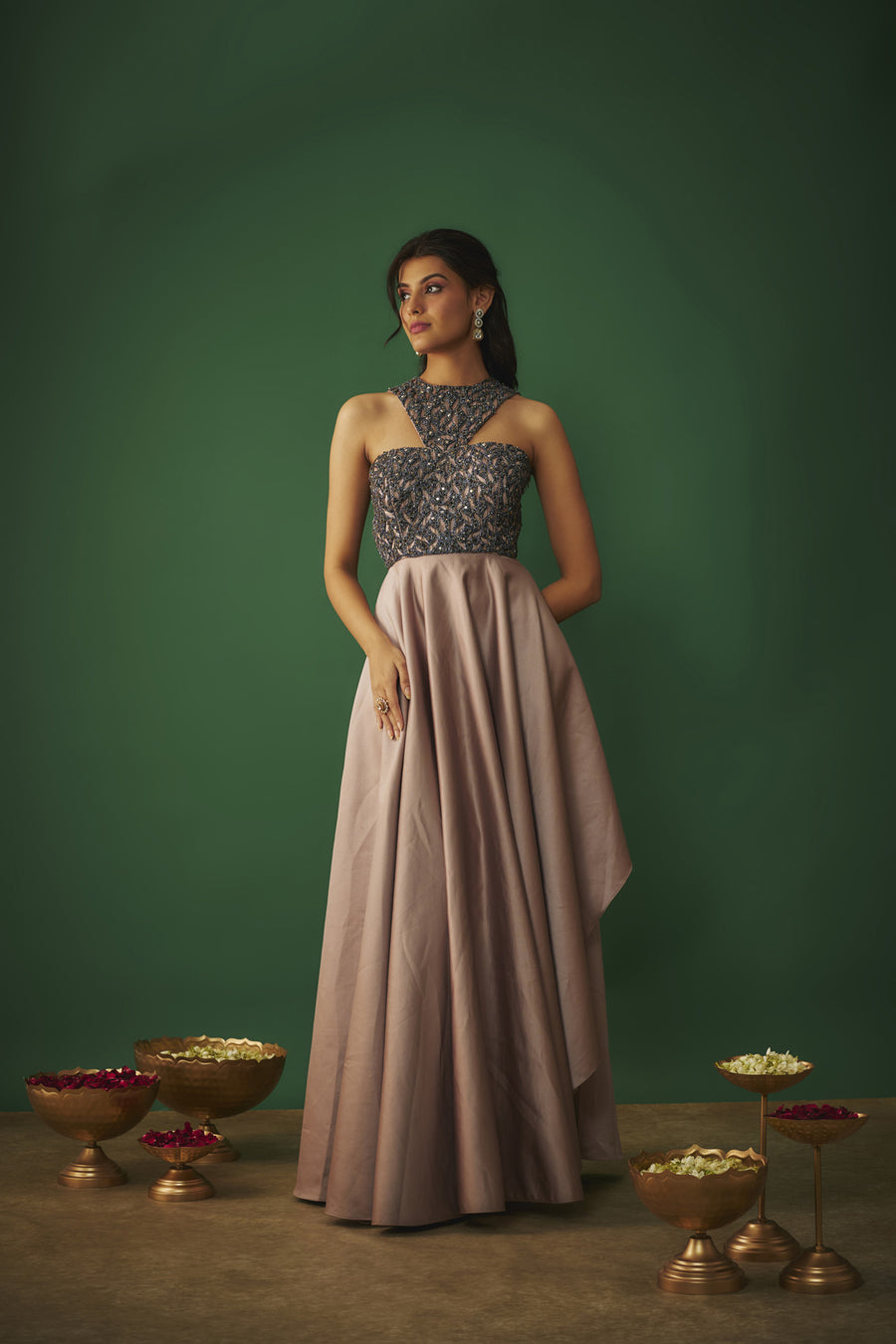 Coffee embroidered cocktail gown