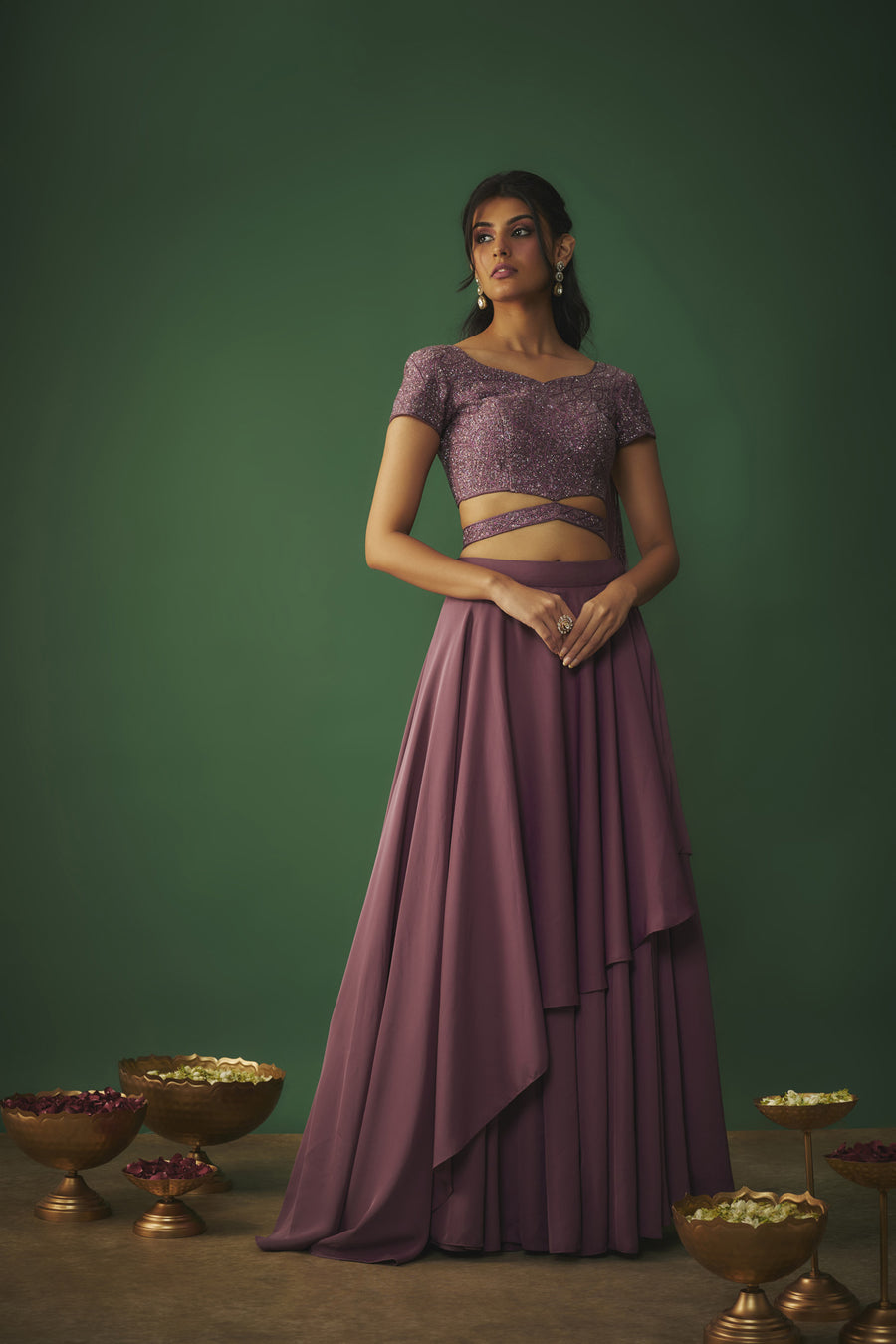 Rouge Pink Embroidered Choli With Attached Dupatta And Asymmetrical Lehenga Set