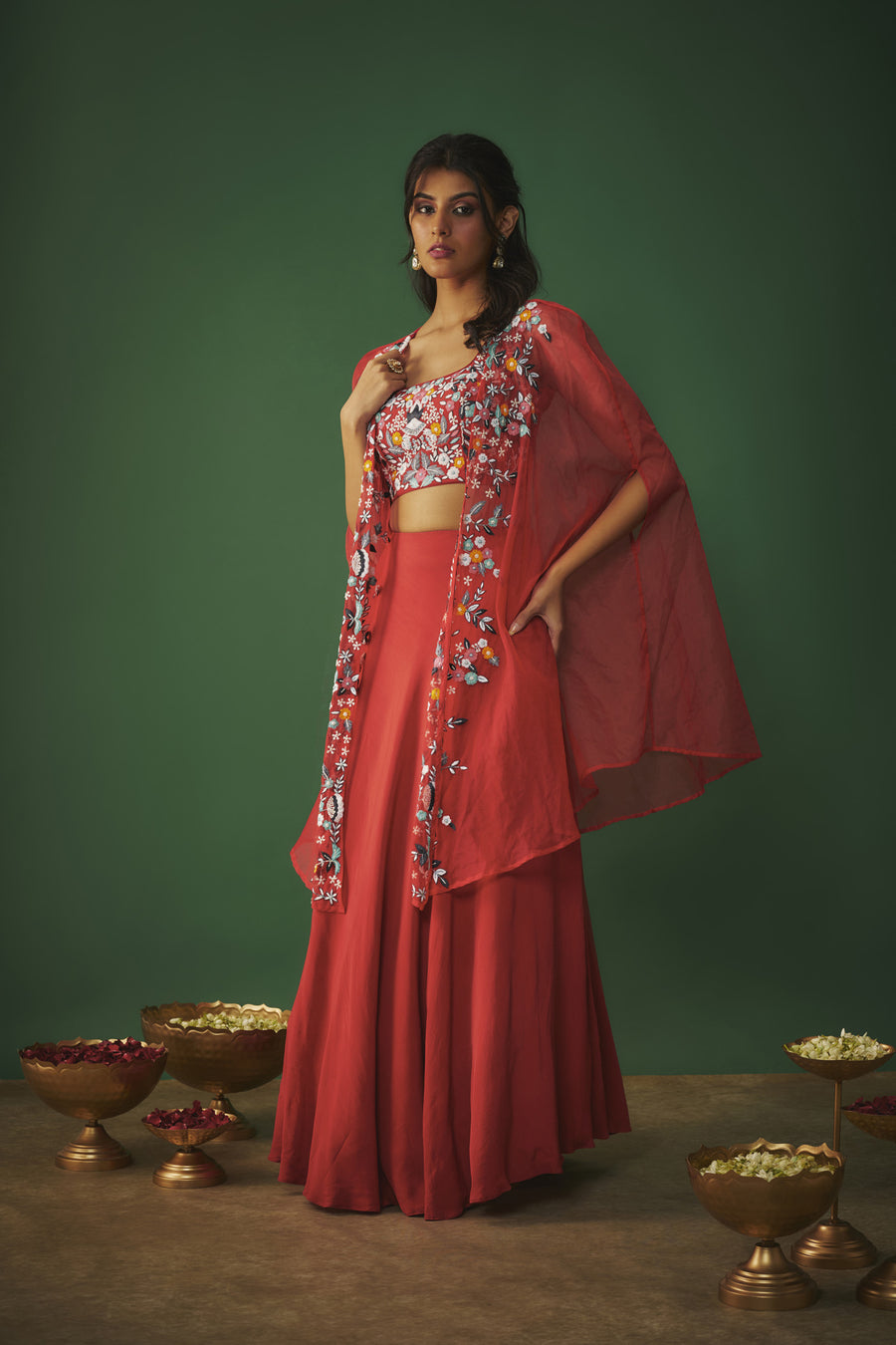 Red Threadwork Embroidered Choli, Cape And Lehenga Set