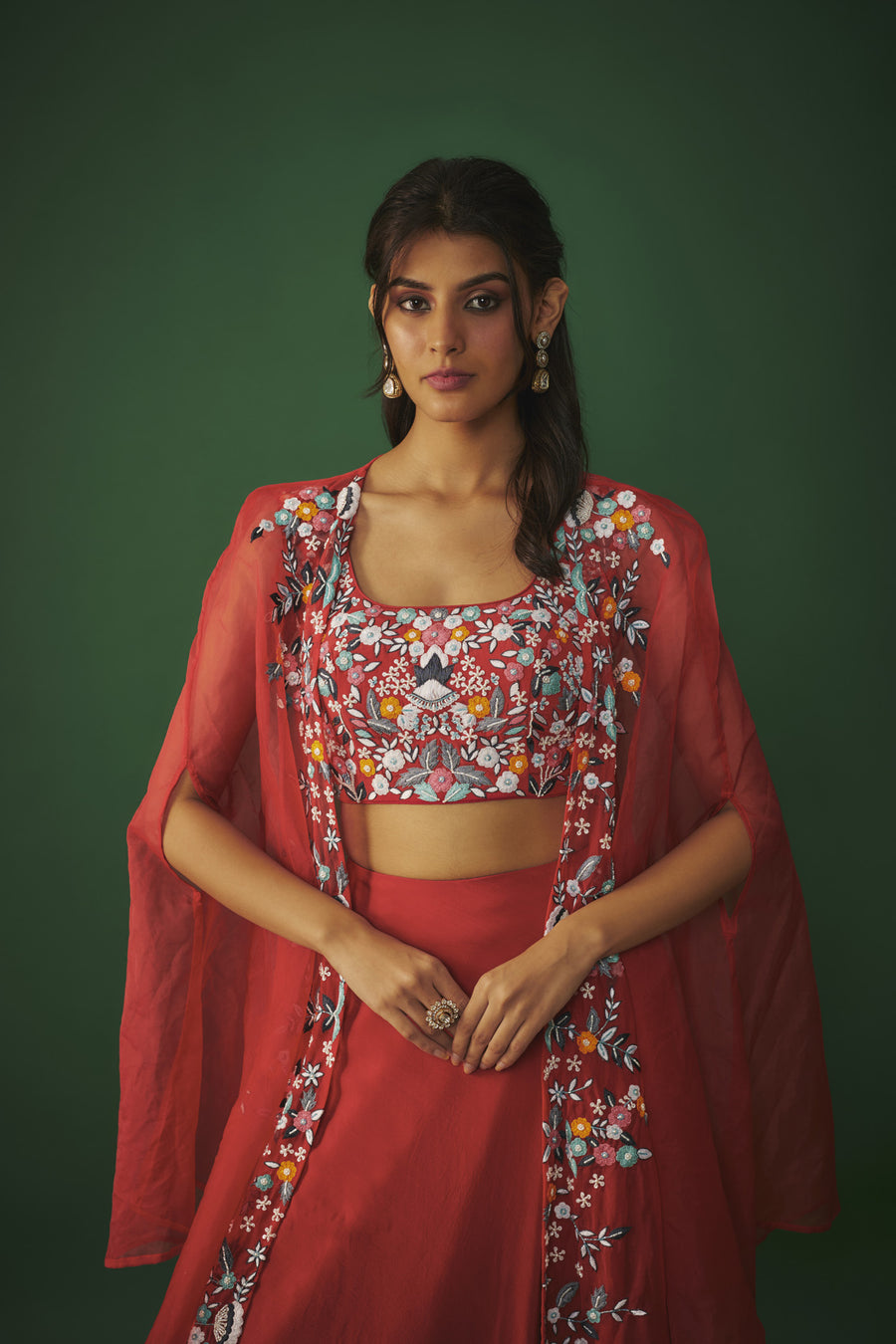 Red Threadwork Embroidered Choli, Cape And Lehenga Set