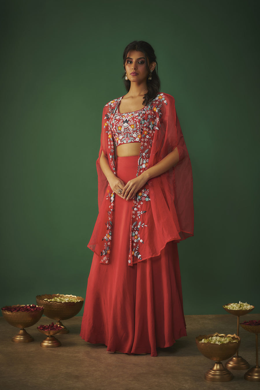 Red Threadwork Embroidered Choli, Cape And Lehenga Set