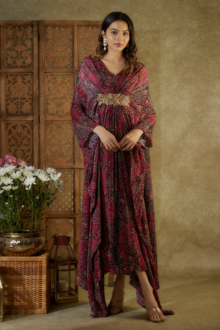 Pink printed kaftan with embroidery