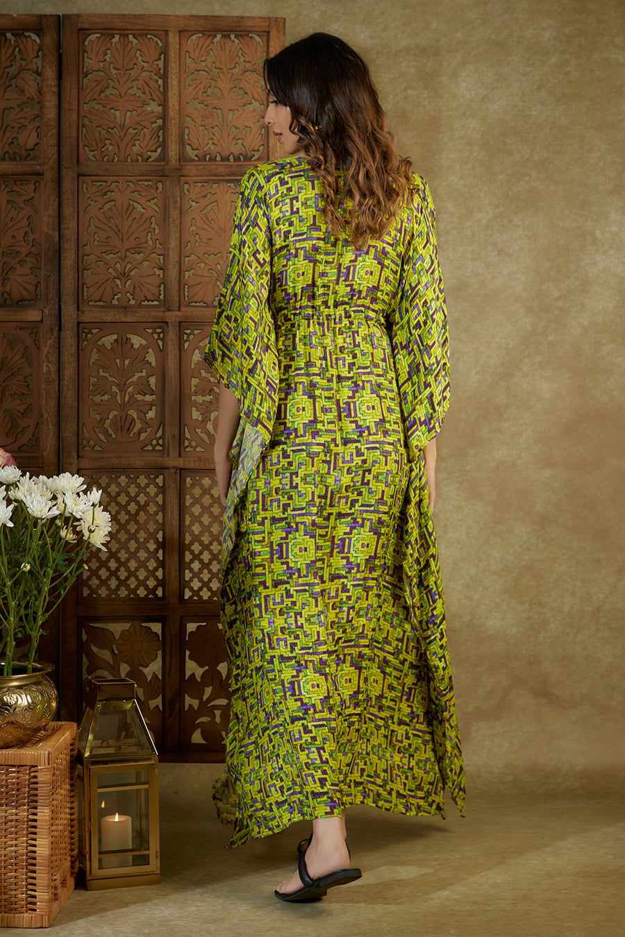 Green printed kaftan with embroidery