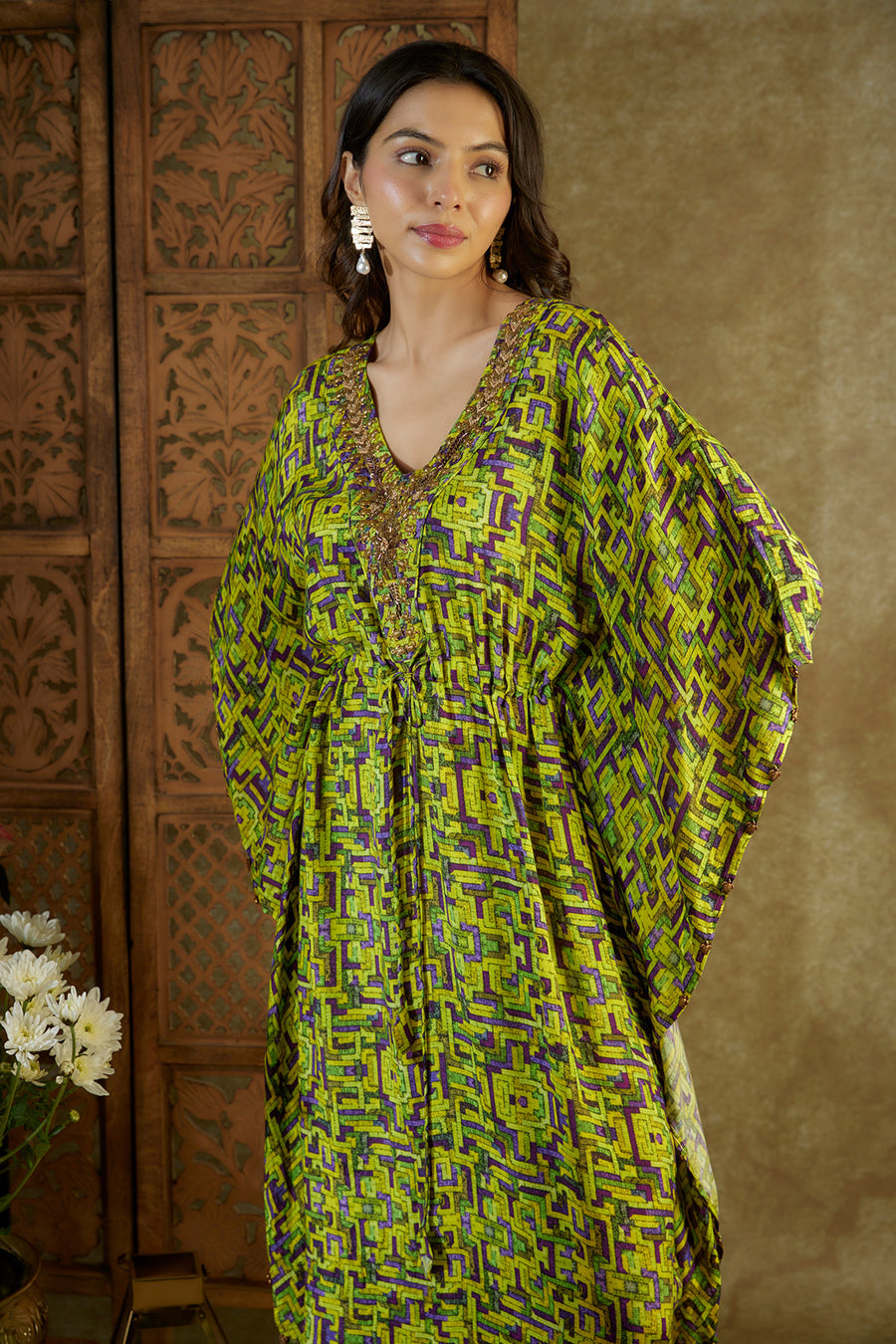 Green printed kaftan with embroidery
