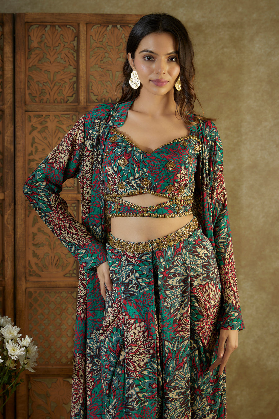 Green printed choli, dhoti and jacket set with embroidery