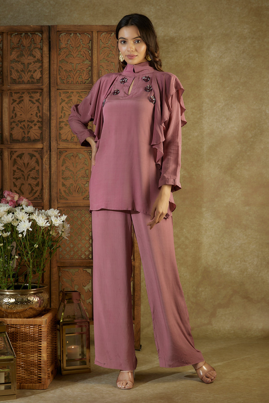 Rose pink ruffle top and pants co ord set with embroidery