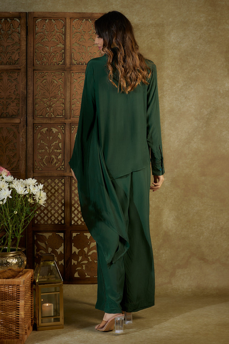 Forest green embroidered one side kaftan sleeves shirt and pants set