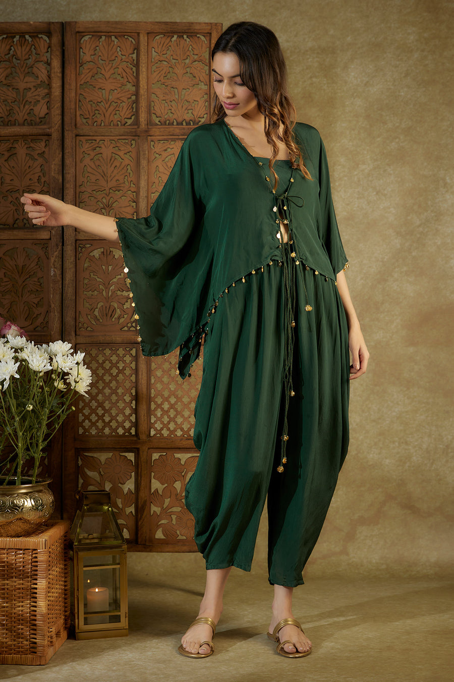 Forest green kaftan top, bustier and dhoti set