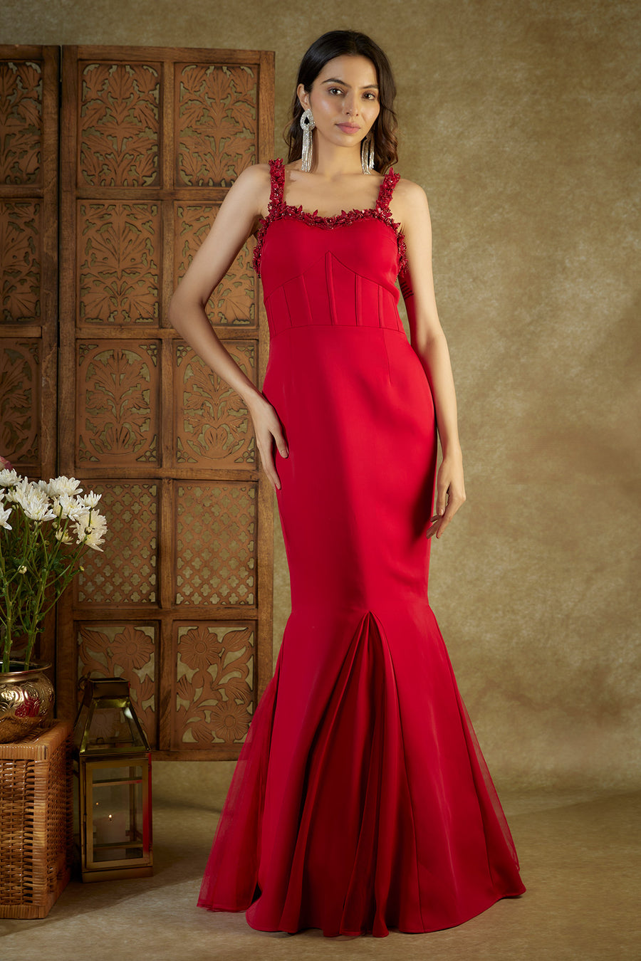 Red embroidered cocktail fish cut gown with inserts