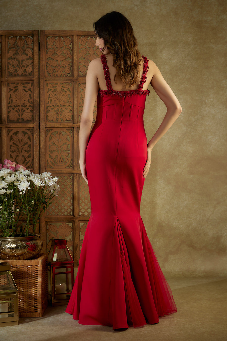 Red embroidered cocktail fish cut gown with inserts