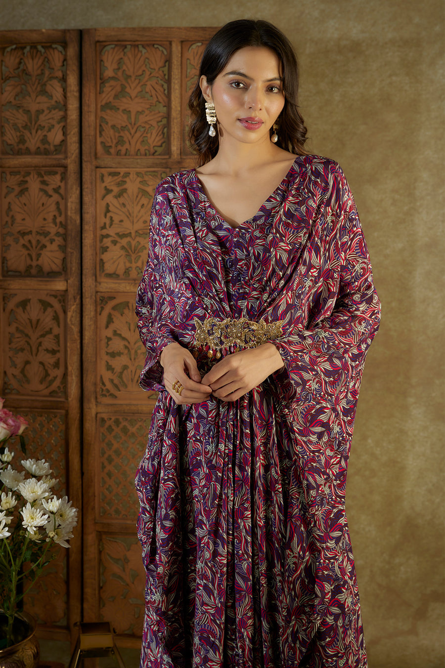 Purple printed kaftan with embroidery