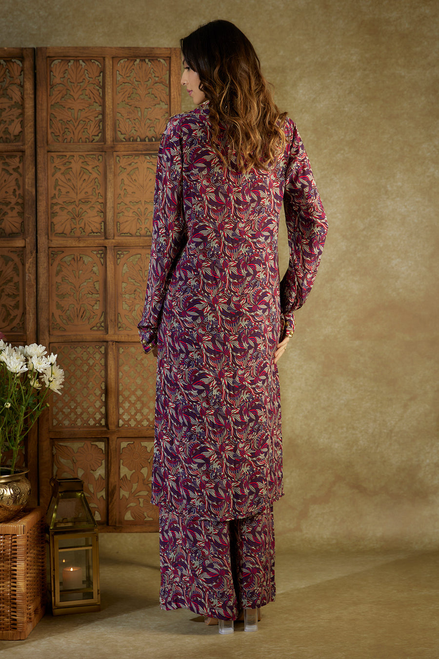 Purple printed embroidered long kurta and pants coord set