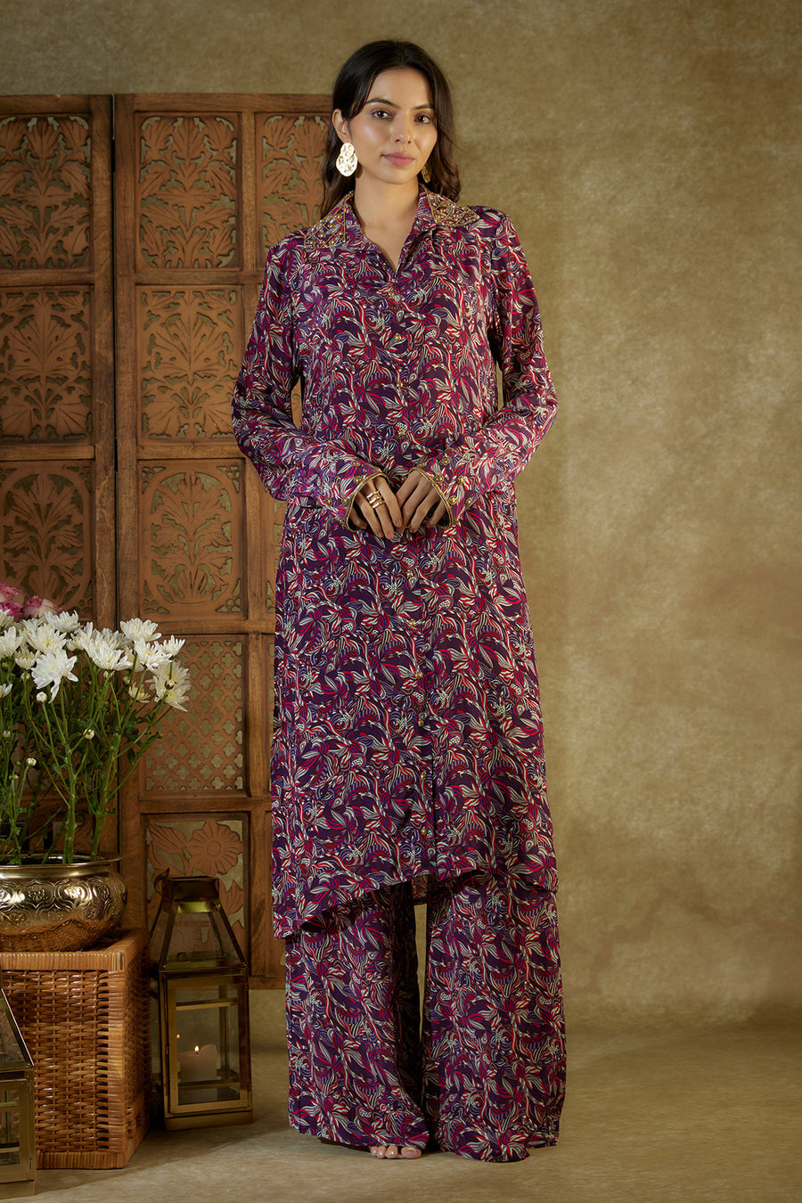 Purple printed embroidered long kurta and pants coord set