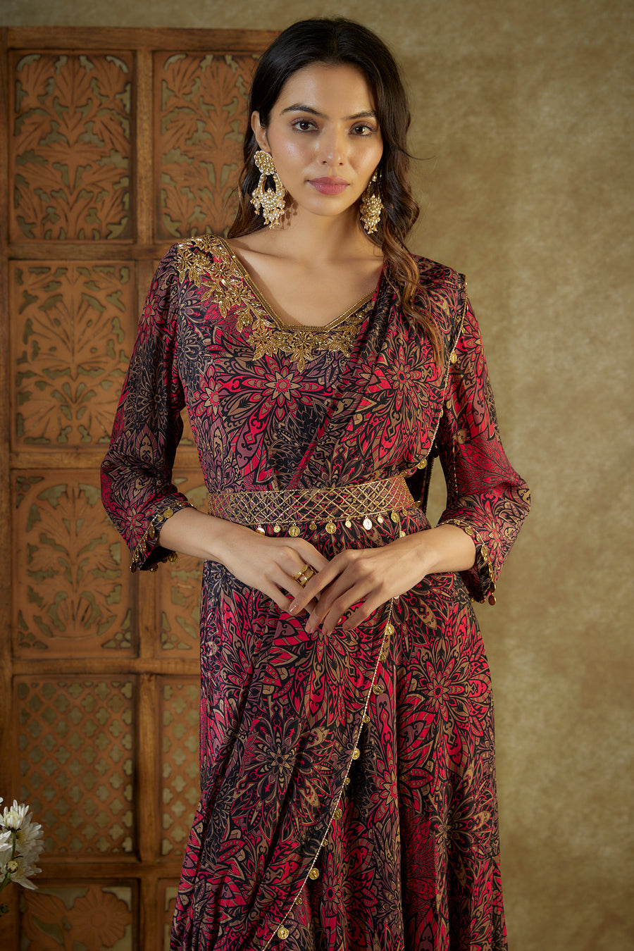 Pink printed Anarkali with pre pleated drape and belt