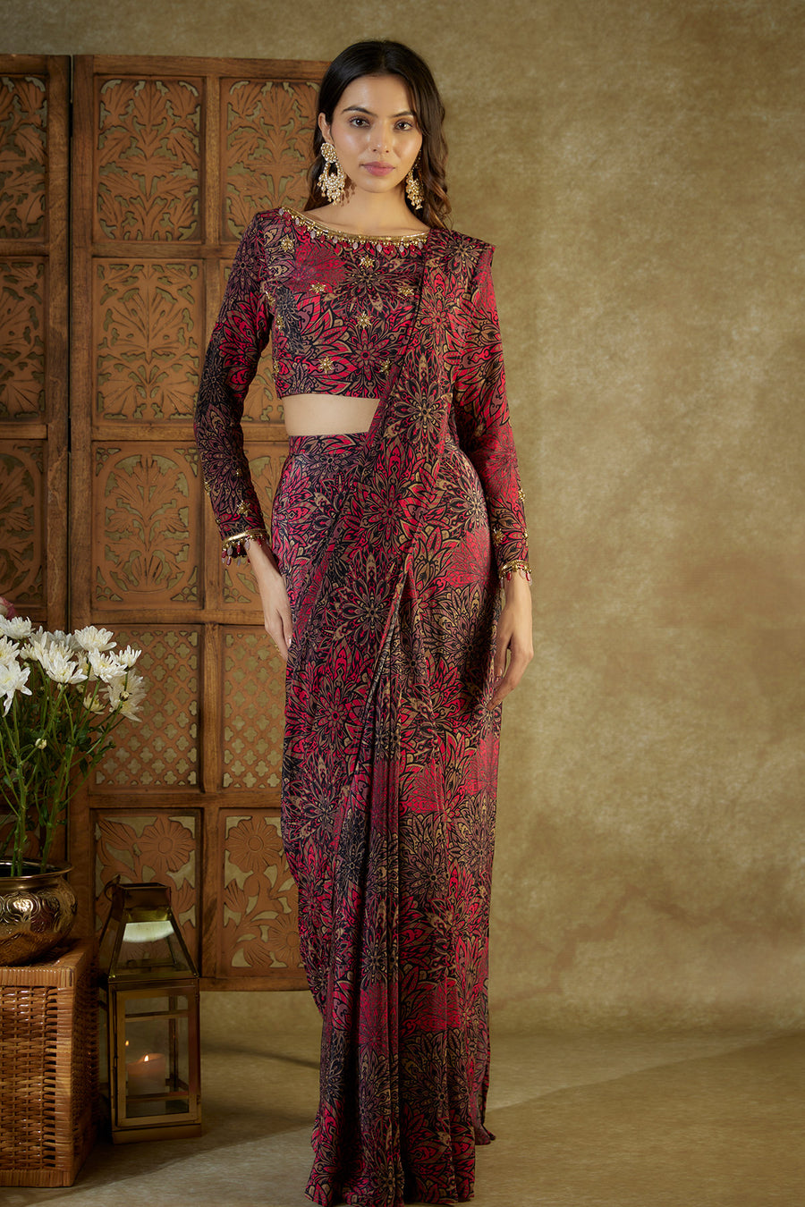Pink printed pre stitched saree