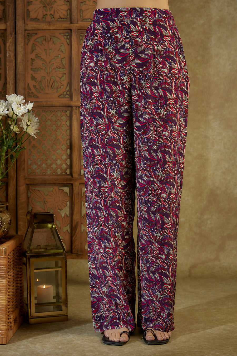 Purple printed kaftan top, bustier and pants co ord set