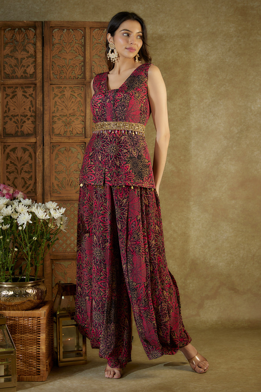 Pink printed top, pleated dhoti pants and belt set