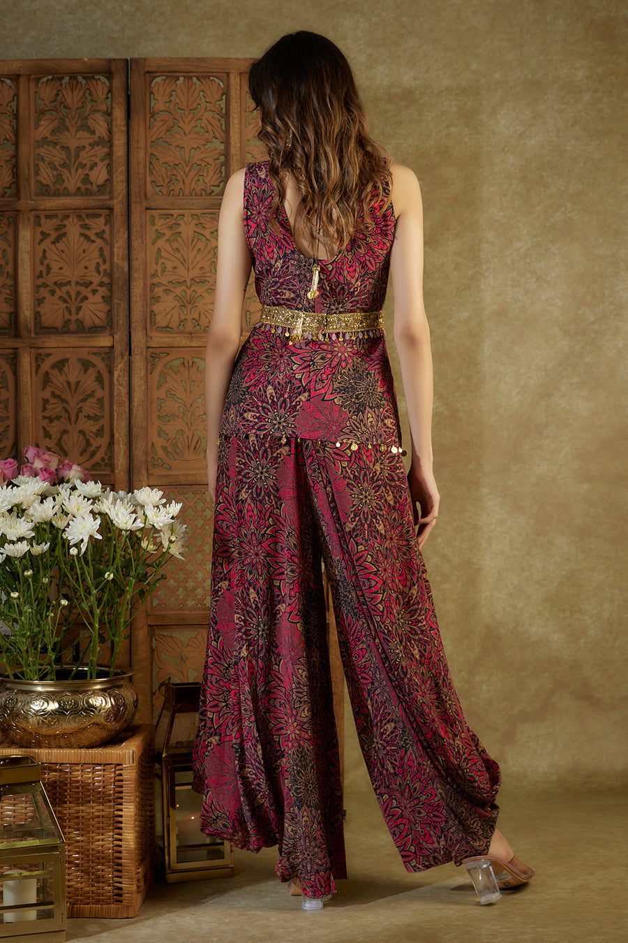 Pink printed top, pleated dhoti pants and belt set