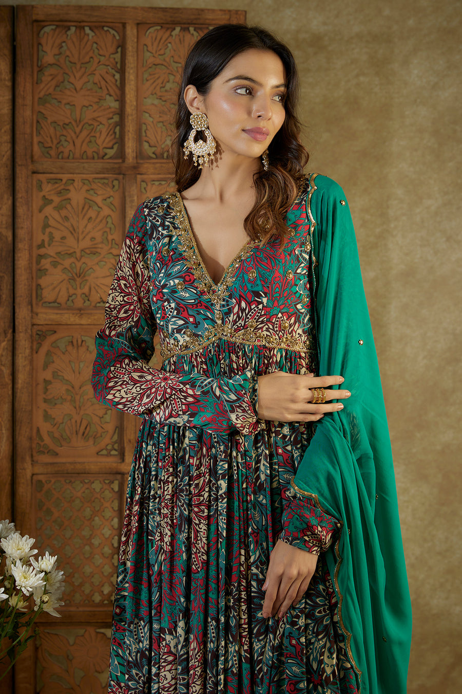 Green printed Anarkali with embroidery and dupatta set
