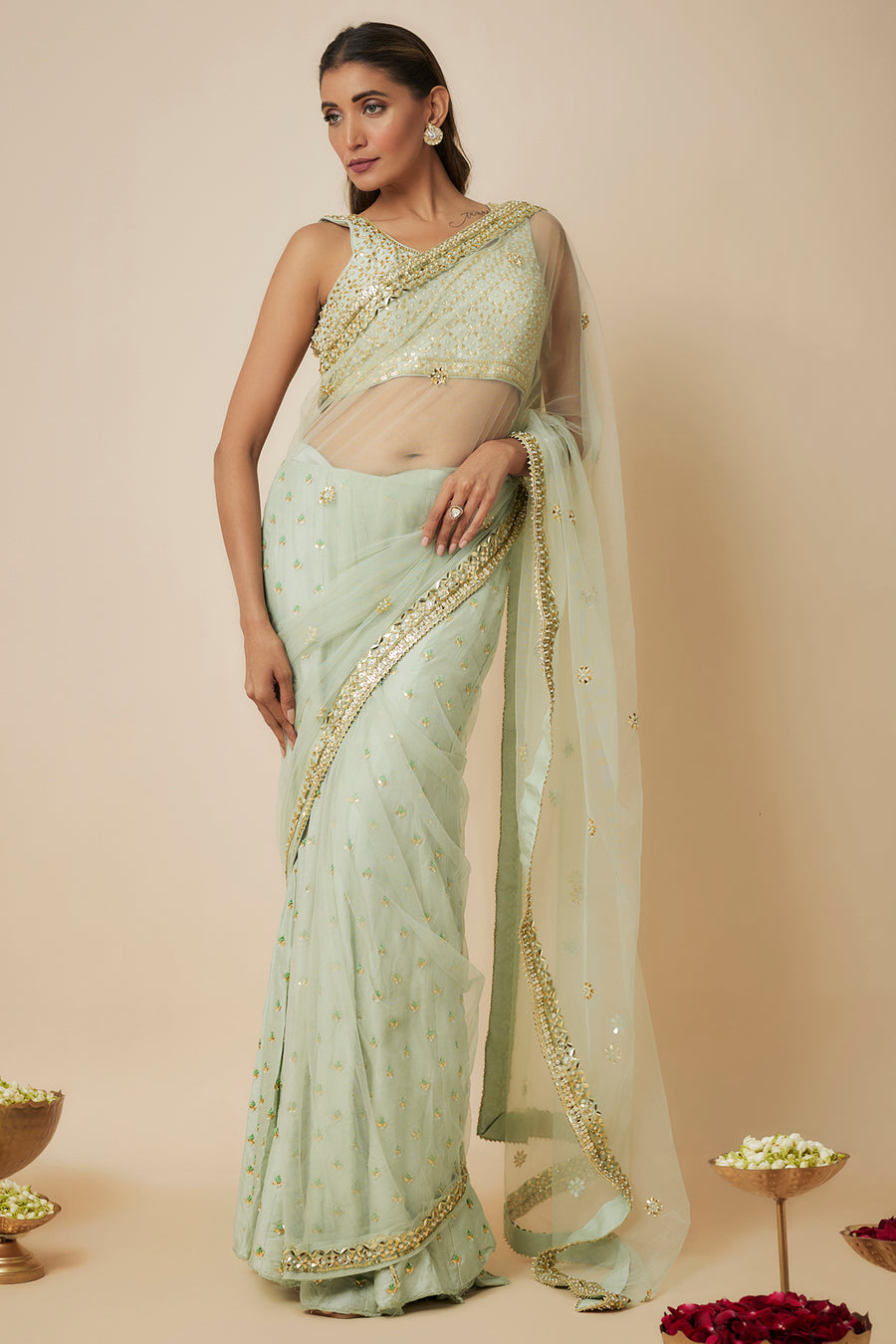 Pista Green Embroidered Sharara Sari Set