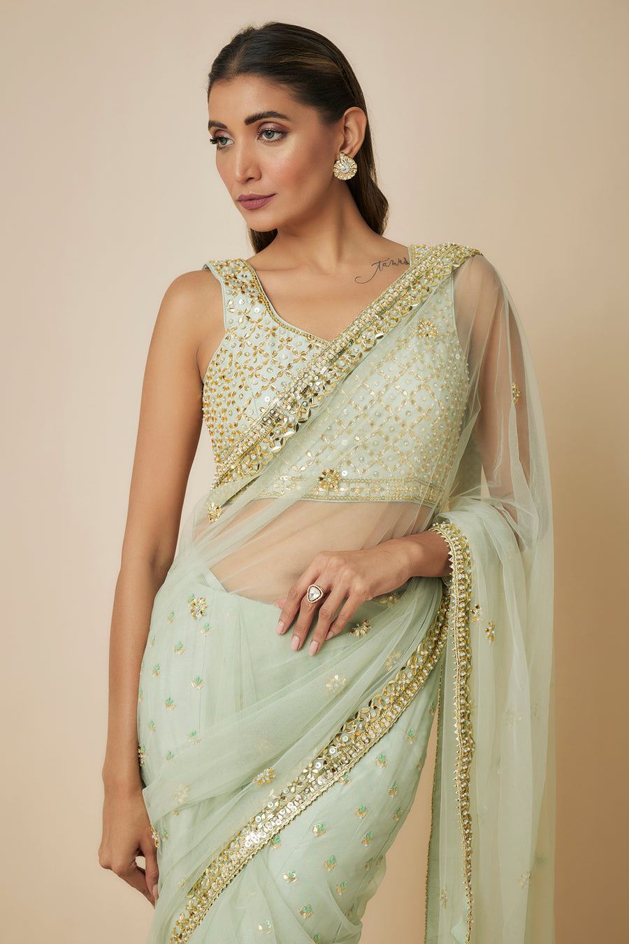 Pista Green Embroidered Sharara Sari Set