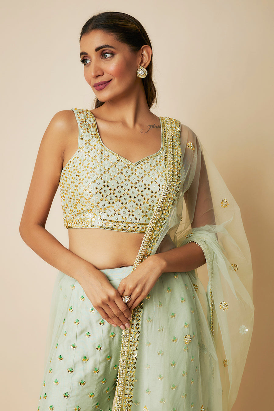 Pista Green Embroidered Sharara Sari Set