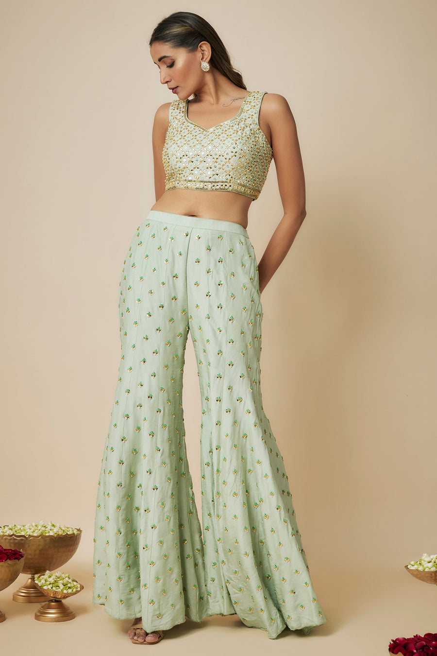 Pista Green Embroidered Sharara Sari Set