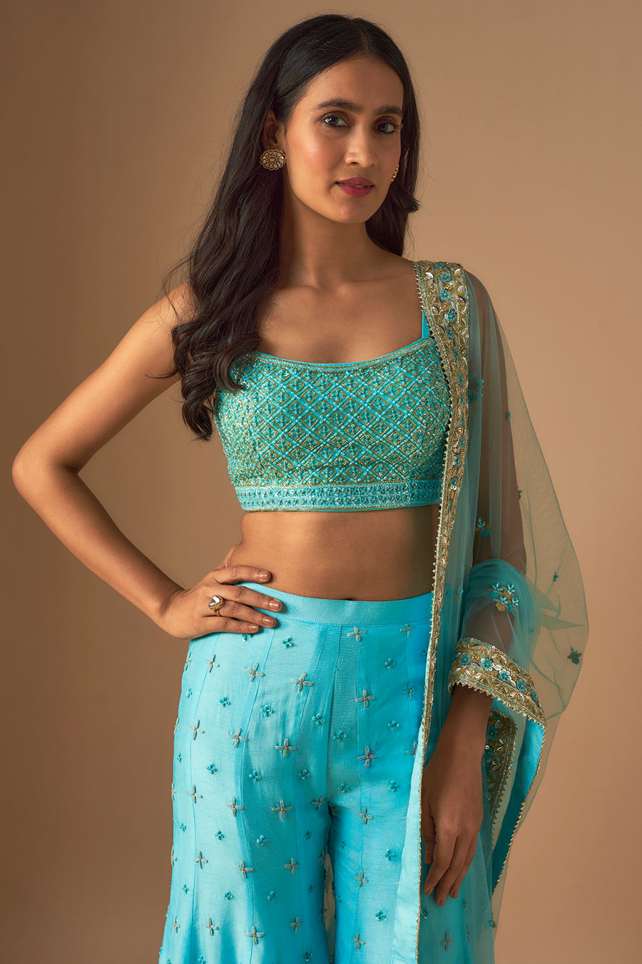 Sky Blue Embroidered Sharara Sari Set