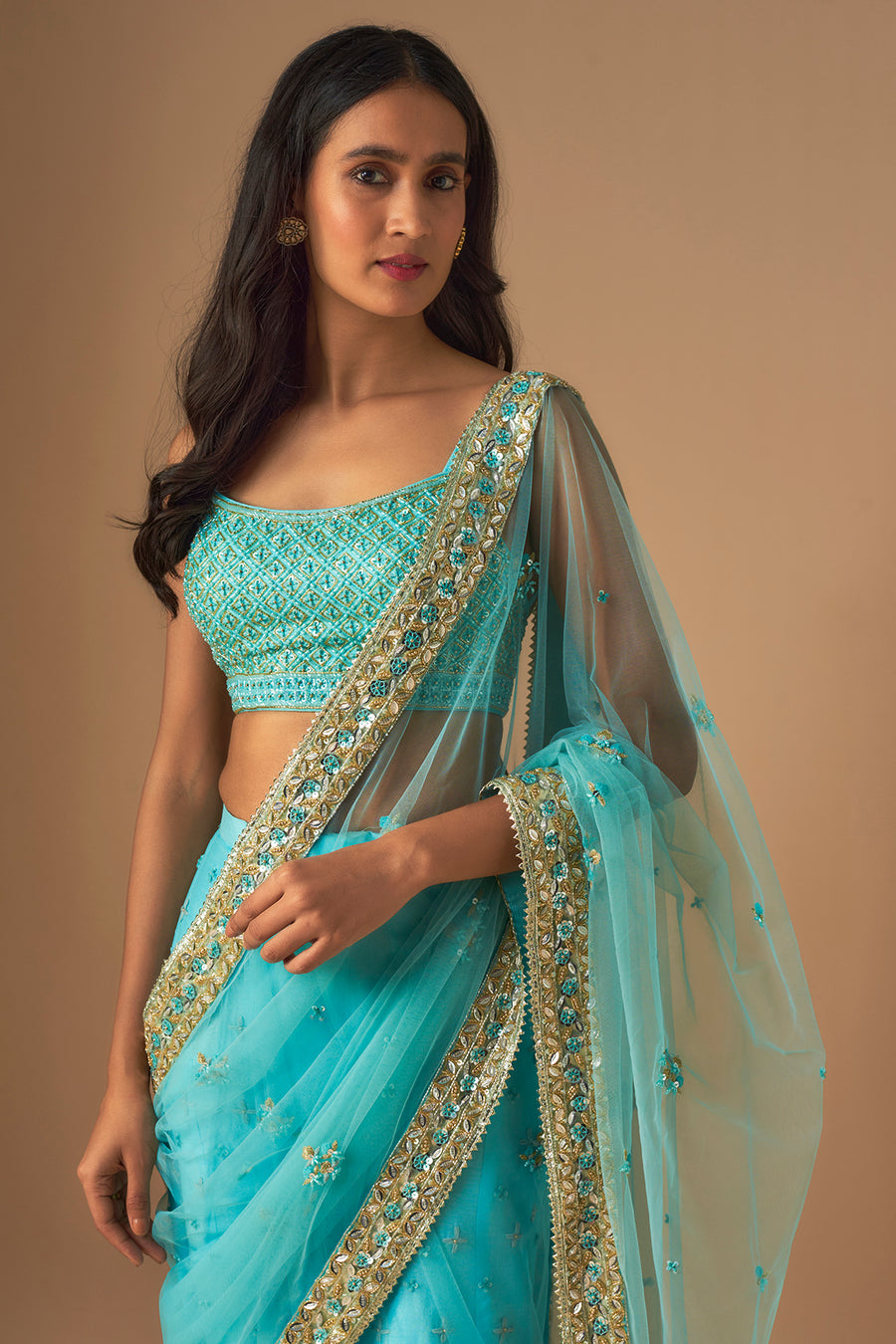 Sky Blue Embroidered Sharara Sari Set