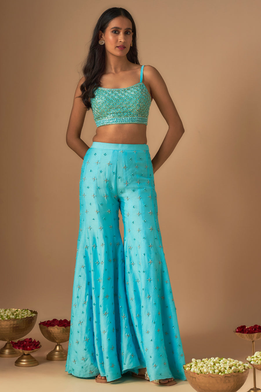 Sky Blue Embroidered Sharara Sari Set