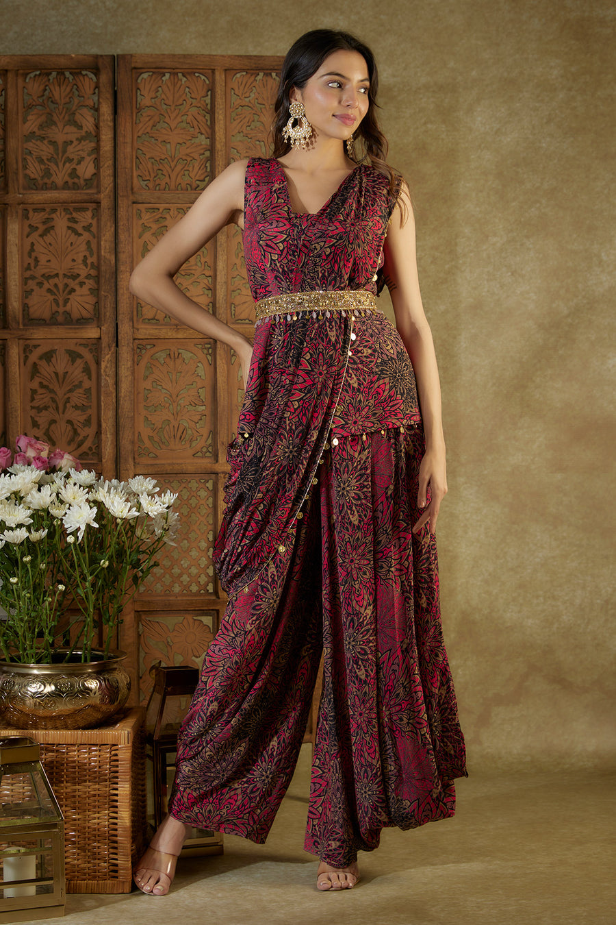 Pink printed top, pleated dhoti pants, pre pleated drape and belt set