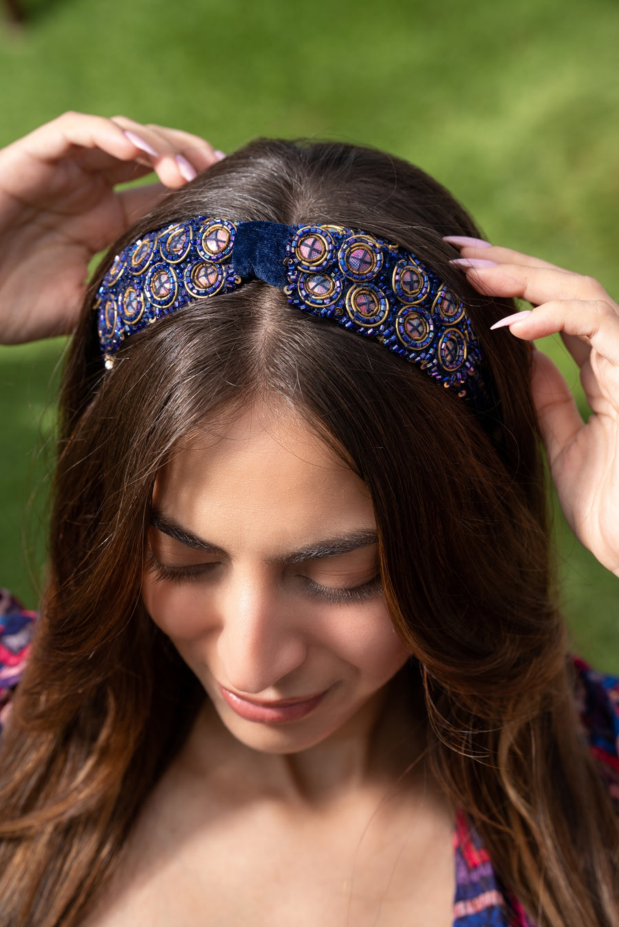 Blue Velvet Headband With Gold Sequins And Embellishments
