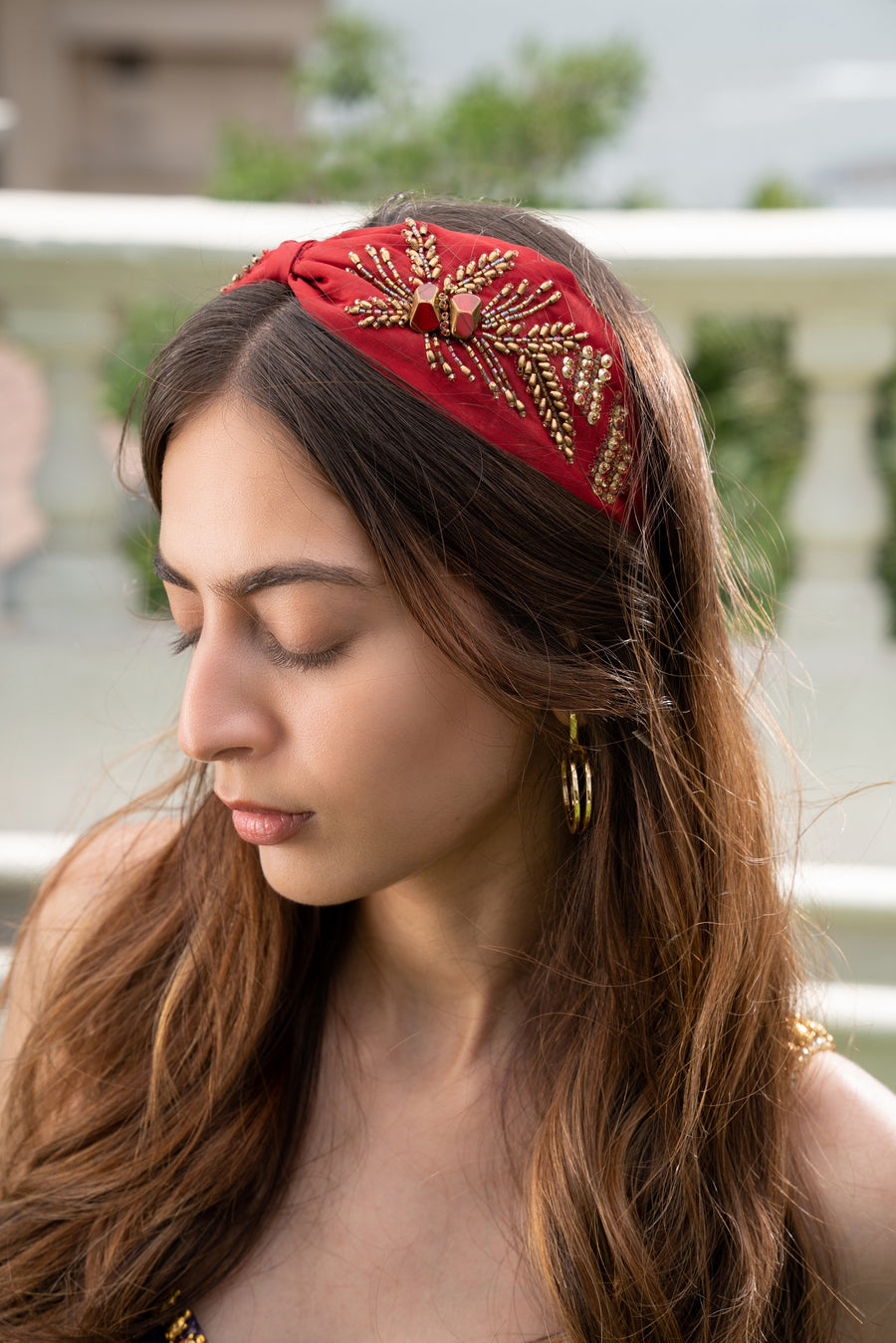 Red Crepe Headband With Embellishments
