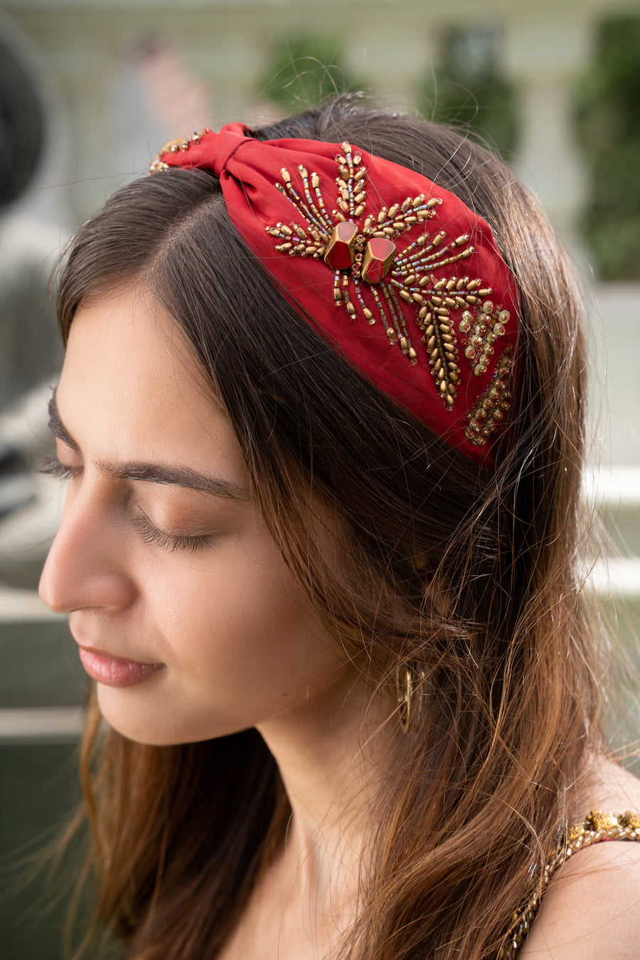 Red Crepe Headband With Embellishments