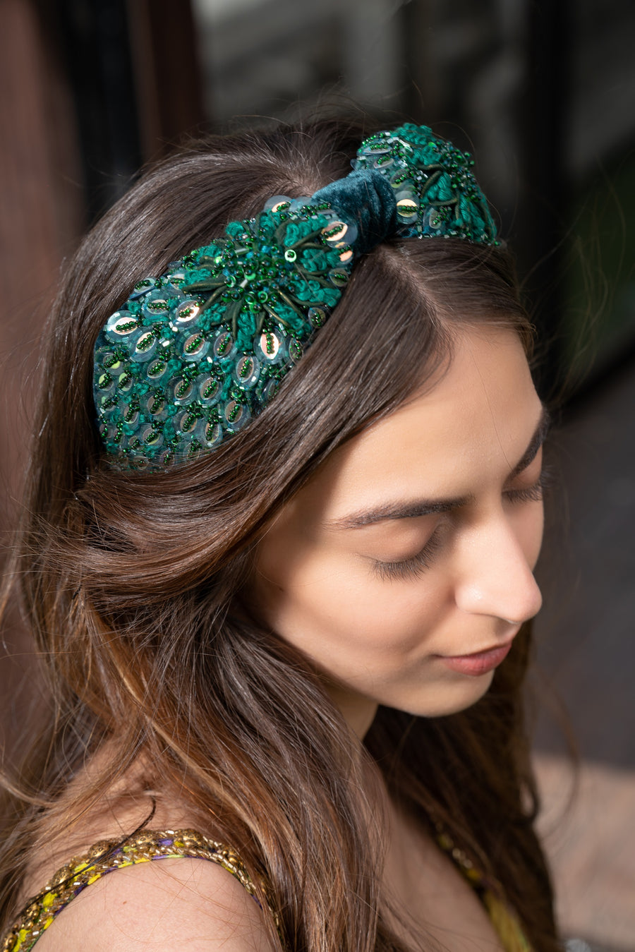 Green Velvet Headband With Green Embellishments
