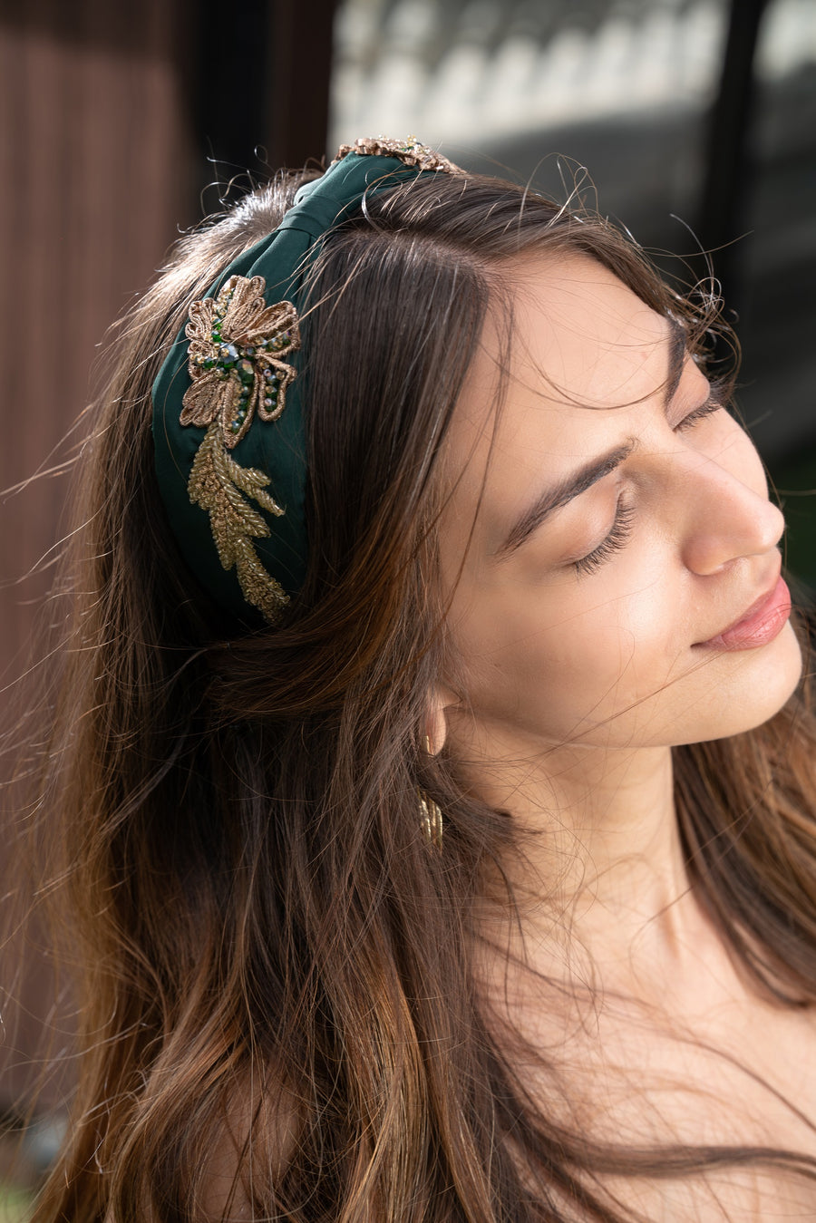 Forest Green Headband With Gold Embroidery And Embellishments