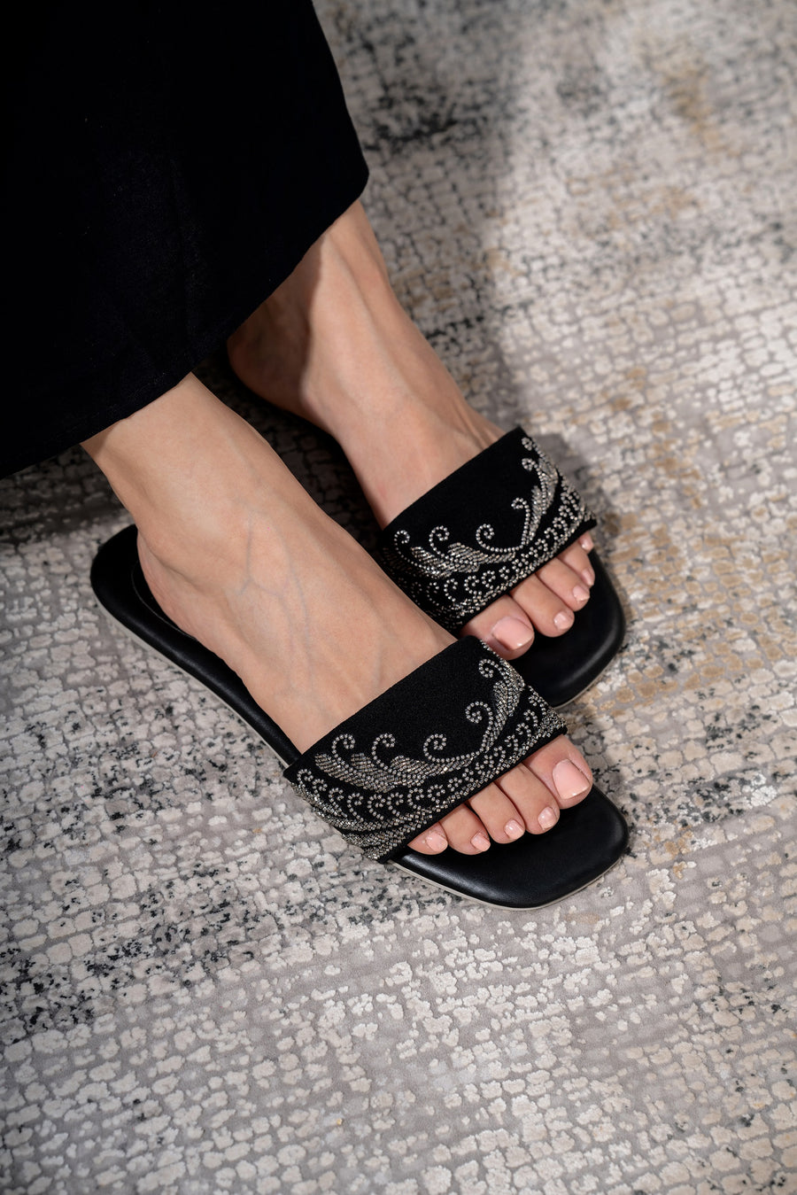 Black Slides With Metallic Embroidery