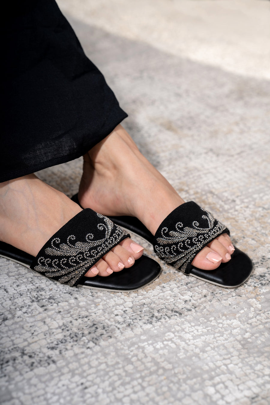 Black Slides With Metallic Embroidery