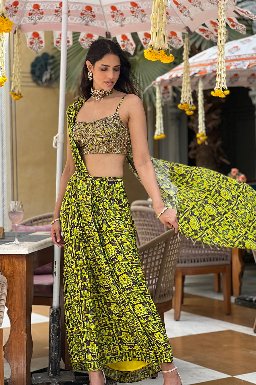 Green Embroidered Choli With Draped Sari
