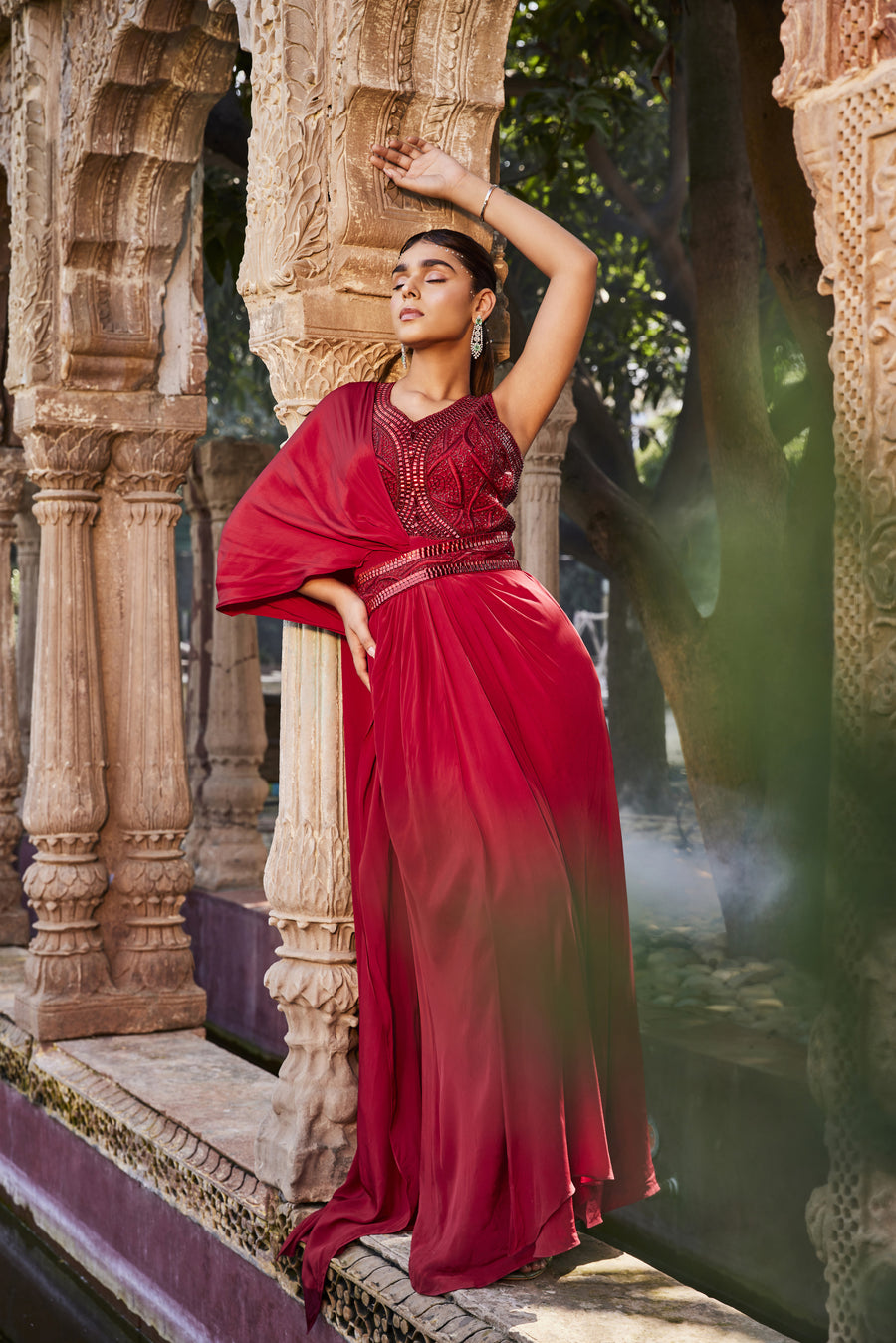 Red Satin Embroidered Saree Gown With Belt Design by Parul | Vivek at  Pernia's Pop Up Shop 2024