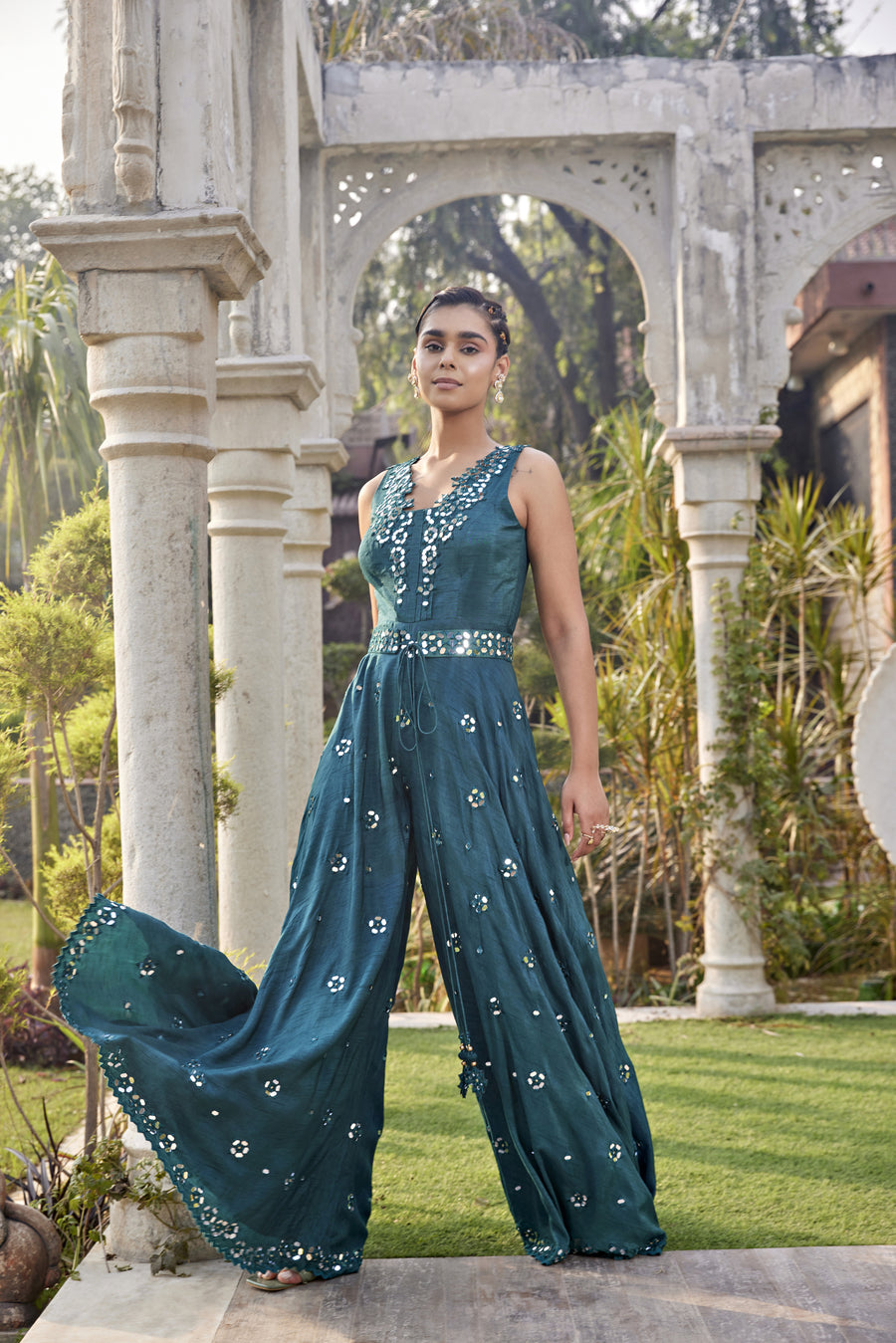 Teal Mirror Embroidered Jumpsuit With Belt